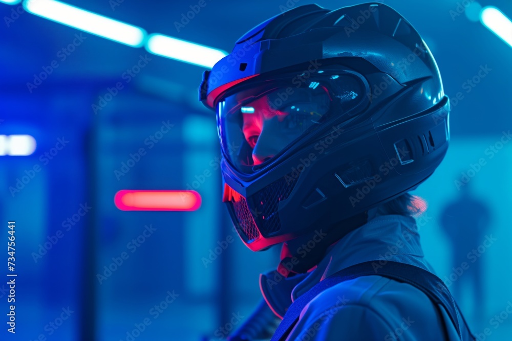 a player wearing a helmet with a visor, ready for a laser tag game a player wearing a helmet with a visor, ready for a laser tag game
