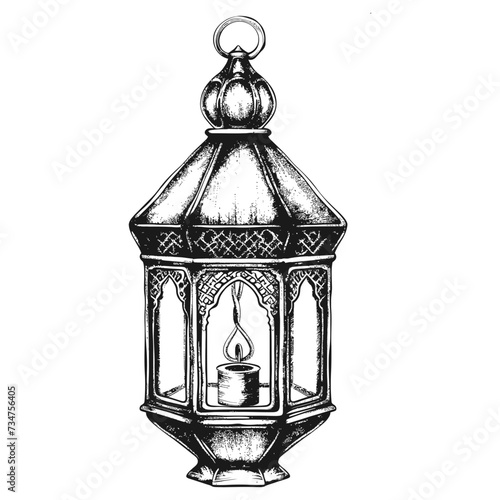 arabic lantern illustration with engraving style black color only