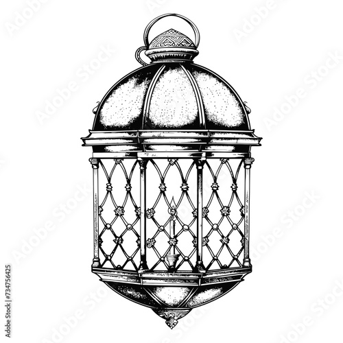 arabic lantern illustration with engraving style black color only