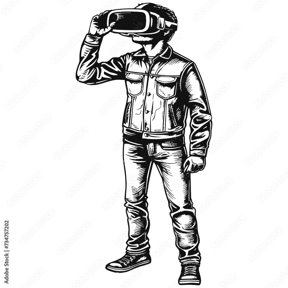 man playing virtual reality headset with engraving style black color only man playing virtual reality headset with engraving style black color only
