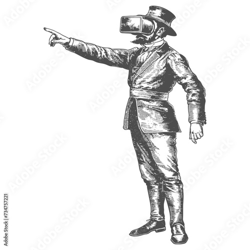 man playing virtual reality headset with engraving style black color only