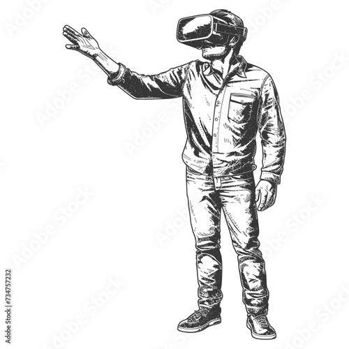 man playing virtual reality headset with engraving style black color only