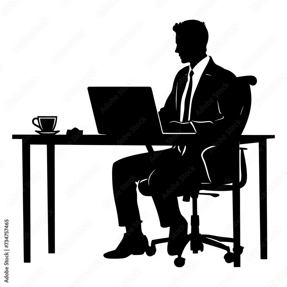 Silhouette Office Desk With Laptop and Coffee black color only Silhouette Office Desk With Laptop and Coffee black color only