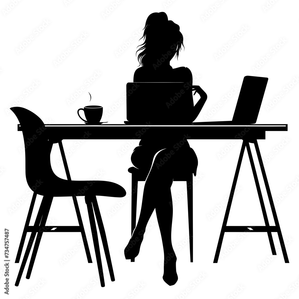 Silhouette Office Desk With Laptop and Coffee with women working inside Silhouette Office Desk With Laptop and Coffee with women working inside