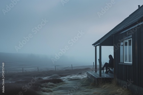 Valokuva person sitting on the porch of a house in a misty moorland
