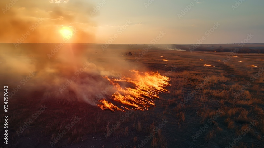 Aerial view of wildfire at sunset, vivid flames and smoke. environment, emergency and nature. . AI
