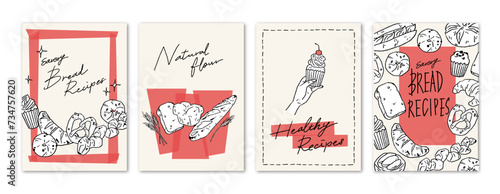 A4 frame material with hand drawn illustration of natural bread. Sale flyer, poster, label, ad, copy space, cover, banner design set.ナチュラルなパンの手書き風イラストを使ったA4フレーム素材セット