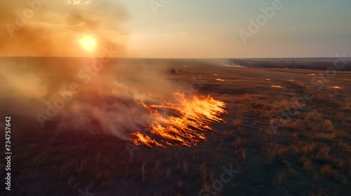 Aerial view of wildfire at sunset  vivid flames and smoke. environment  emergency and nature. . AI