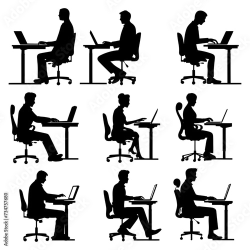 Silhouette Office Desk With Laptop people Work inside