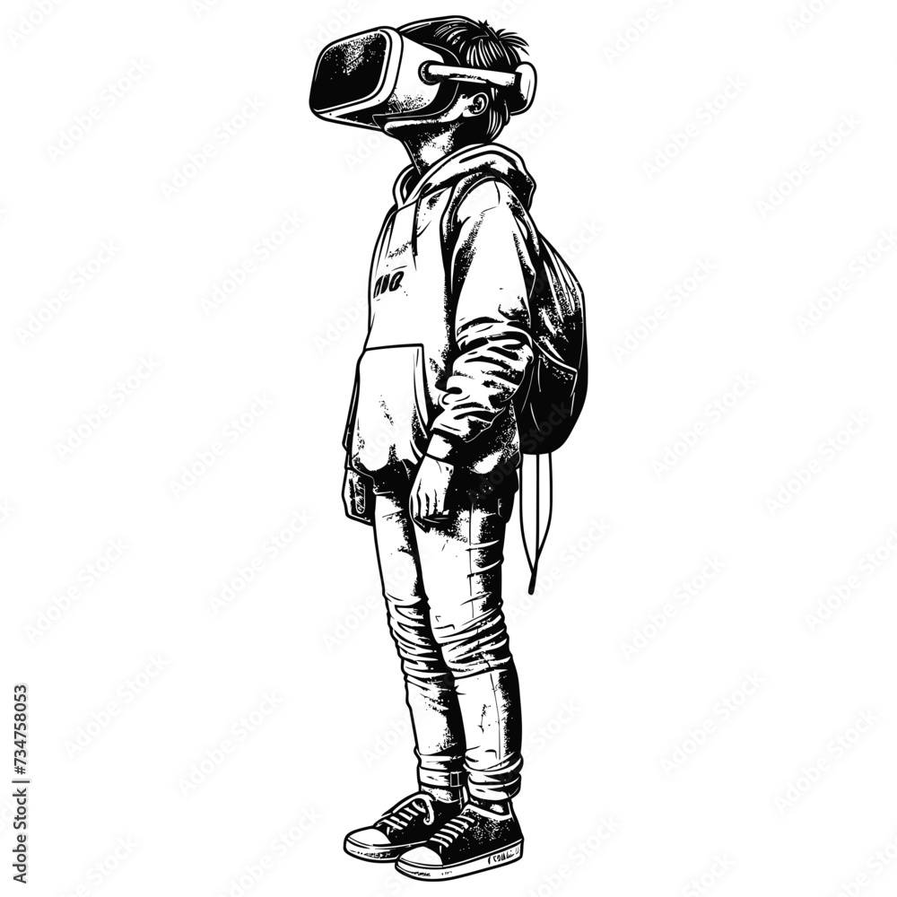 teenager playing virtual reality headset with engraving style black color only teenager playing virtual reality headset with engraving style black color only