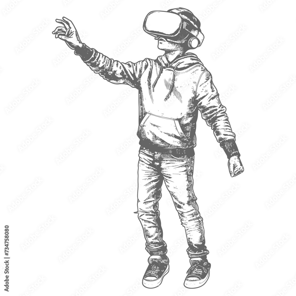 teenager playing virtual reality headset with engraving style black color only teenager playing virtual reality headset with engraving style black color only