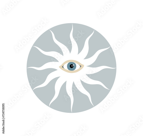 Vector hand-drawn illustration of the Sun with The All Seeing Eye. Spiritual composition isolated on a white background.
