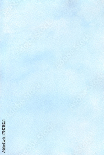 Abstract illustration of a watercolor light blue background hand-drawn. An empty banner for design, decoration with space for text. The template is in pastel blue shades. Clear, cloudless sky.