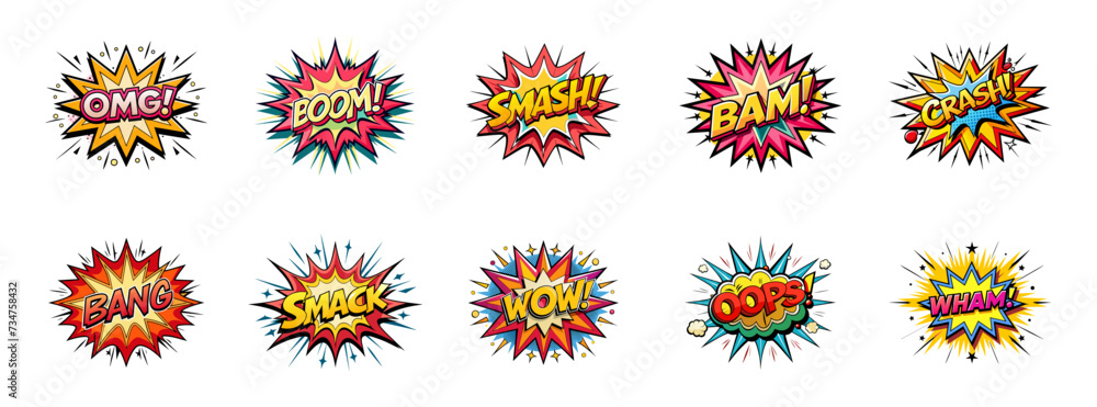 Naklejka premium Заголовок Comic explosions. Set of cartoon comic explosions. Speech bubbles 