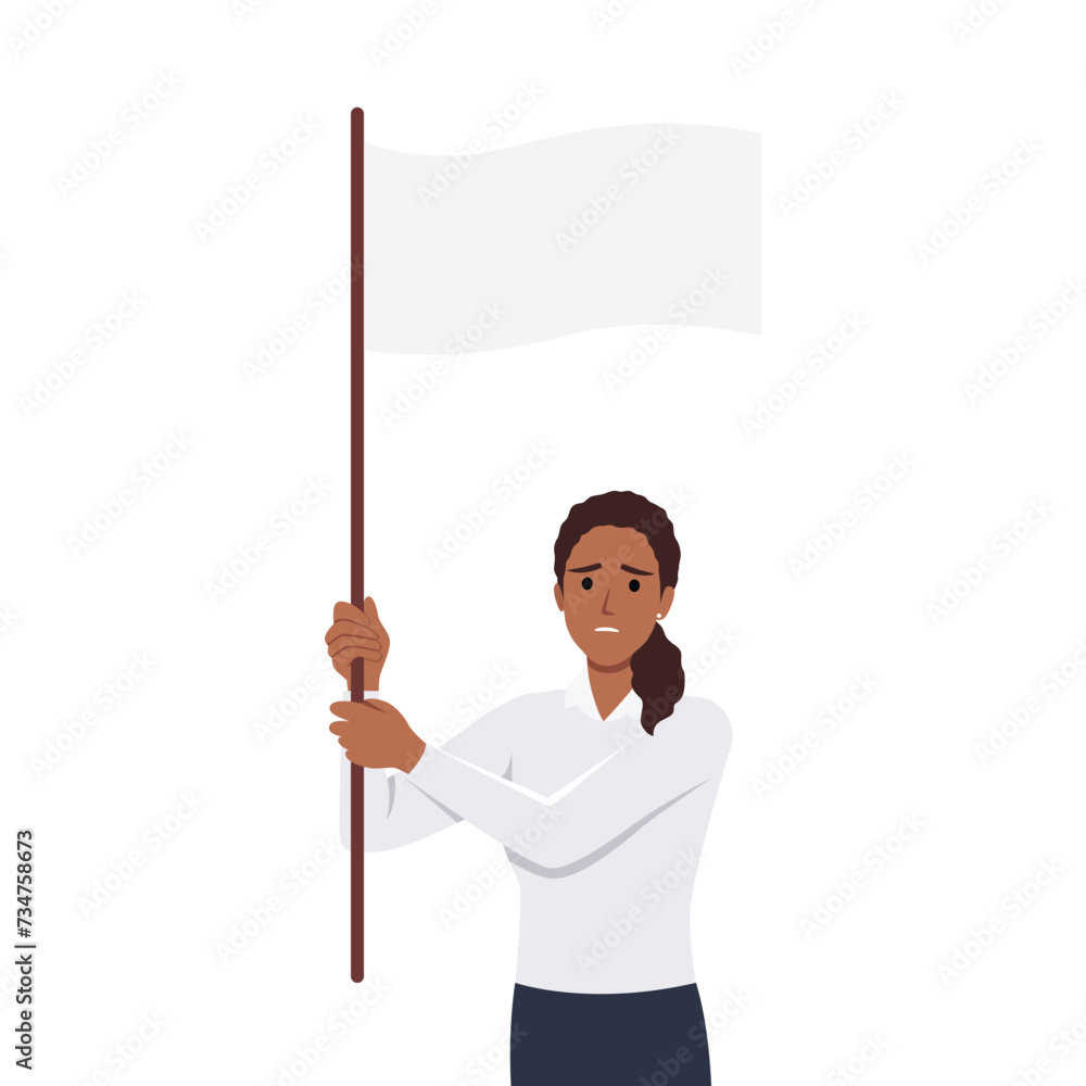 Young woman holds white flag of surrender. Flat vector illustration isolated on white background Young woman holds white flag of surrender. Flat vector illustration isolated on white background