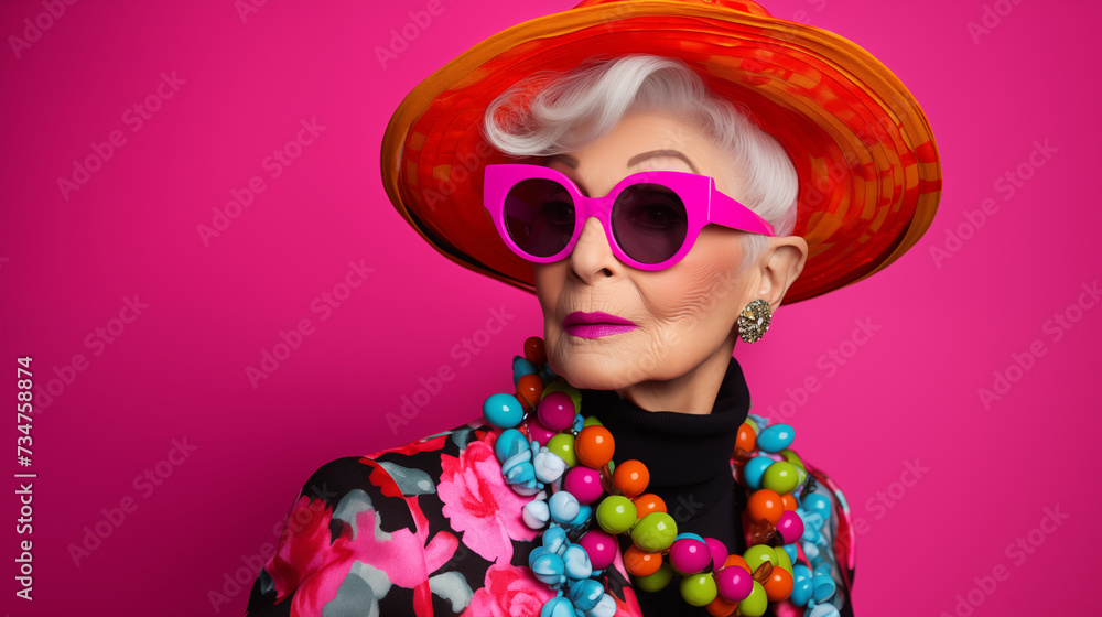 Vibrant Grandma in Colorful Attire Against a Vivid Background. Generative AI. Vibrant Grandma in Colorful Attire Against a Vivid Background. Generative AI.