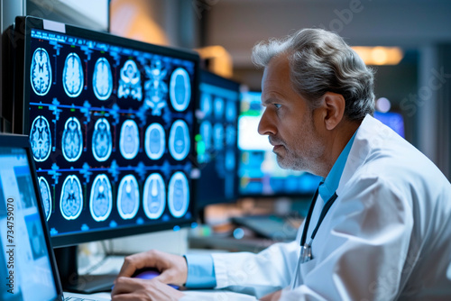 Brain researches, CT scan, Neurologist doctor studying brain tests on a monitor at hospital