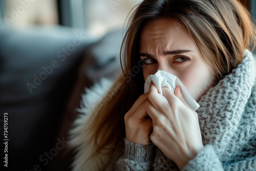 Portrait of a woman with flu and a runny nose