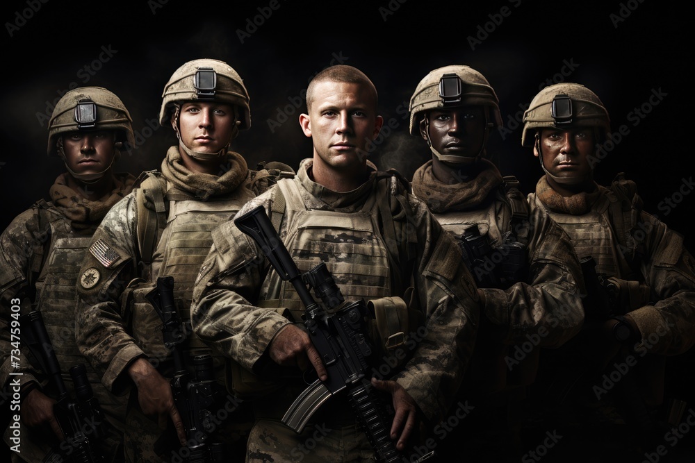 Group of us army soldiers, soldiers with weapon pose for photo, men in modern uniform. Portrait of group of military, Ai generated Group of us army soldiers, soldiers with weapon pose for photo, men in modern uniform. Portrait of group of military, Ai generated