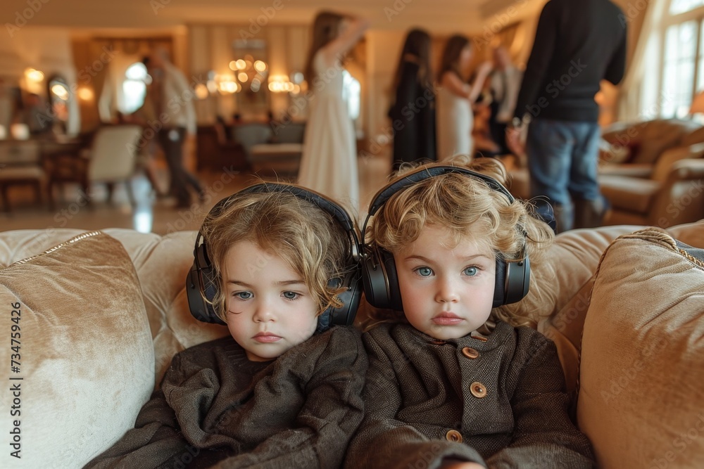 Two sad children are sitting on the couch with headphones on against the background of their parents' party