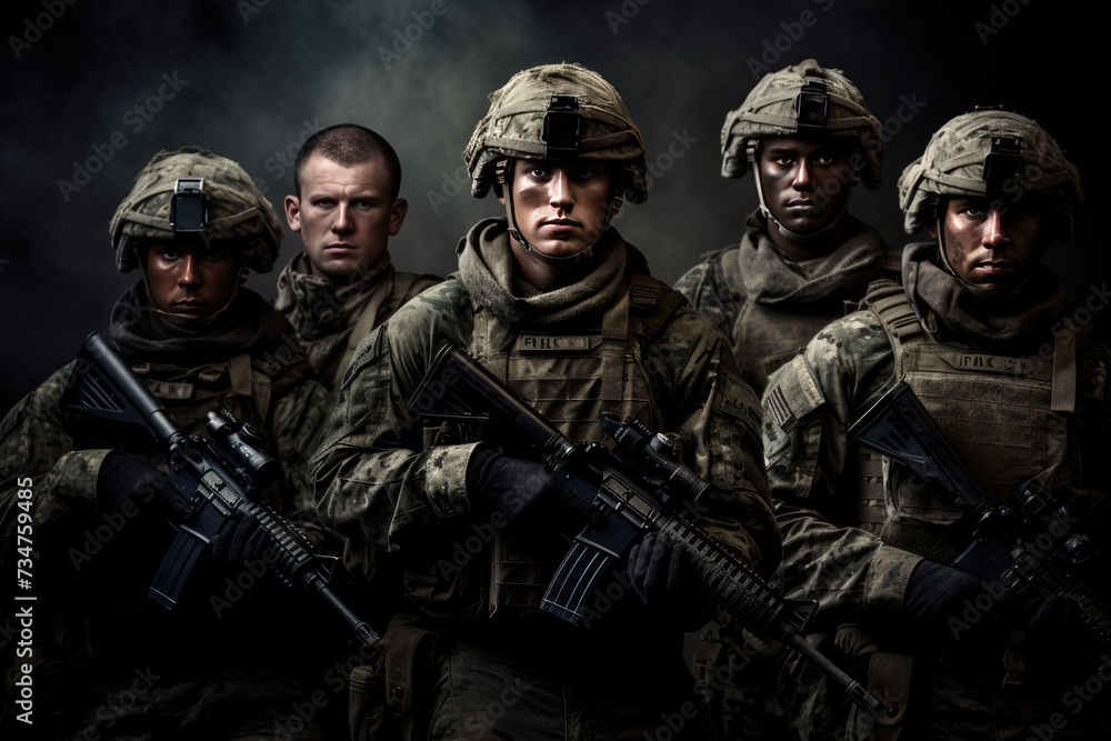 Group of us army soldiers, soldiers with weapon pose for photo, men in modern uniform. Portrait of group of military, Ai generated Group of us army soldiers, soldiers with weapon pose for photo, men in modern uniform. Portrait of group of military, Ai generated