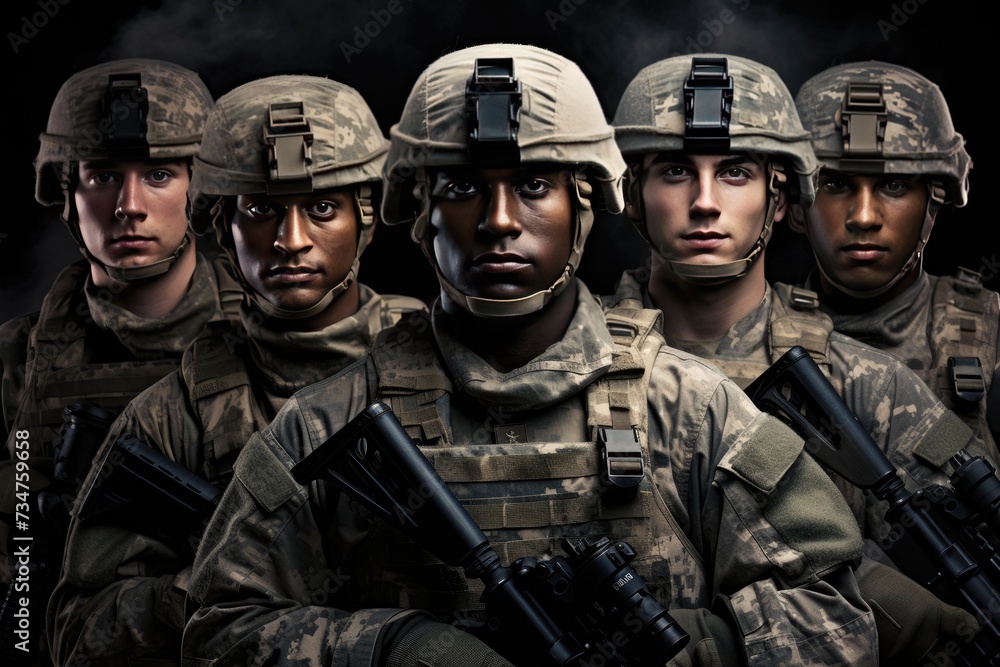 Group of us army soldiers, soldiers with weapon pose for photo, men in modern uniform. Portrait of group of military, Ai generated Group of us army soldiers, soldiers with weapon pose for photo, men in modern uniform. Portrait of group of military, Ai generated