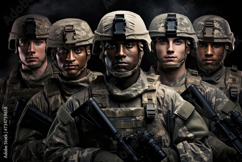 Group of us army soldiers, soldiers with weapon pose for photo, men in modern uniform. Portrait of group of military, Ai generated © Tanu