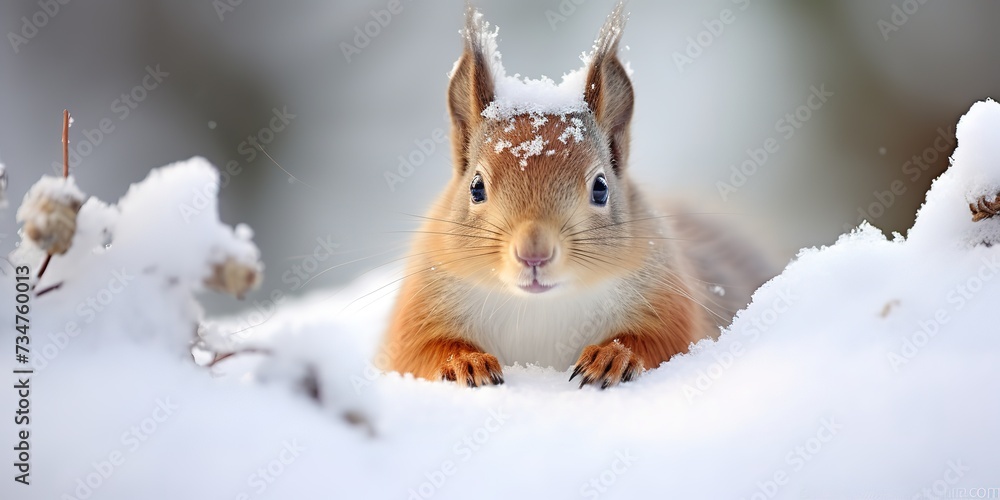 Cute red squirrel in falling snow, animal in winter. Cute red squirrel in falling snow, animal in winter.