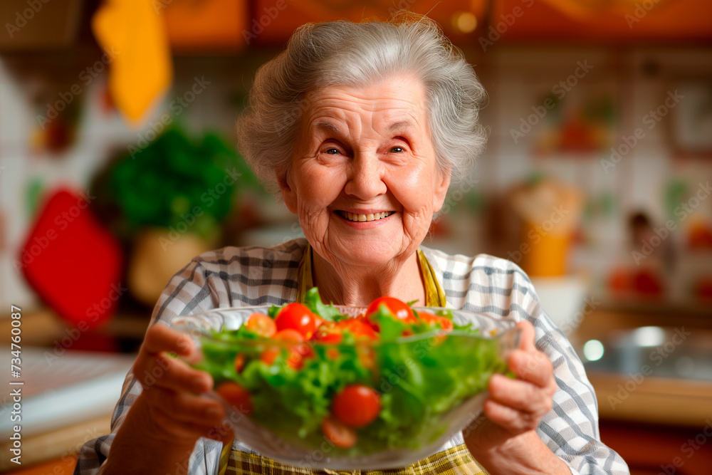 Aged woman holding a healthy vegetable salad bowl on blurred kitchen background
