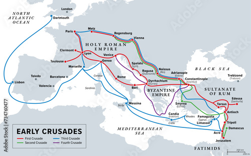 Early Crusades, gray history map. First four Crusades, a series of religious wars to the Holy Land, to conquer Jerusalem and its surrounding area by the Christian Latin Church in the medieval period.