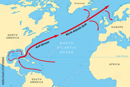 Map of the Gulf Stream with its northern extension North Atlantic Drift. Warm and swift Atlantic Ocean current, originates in Gulf of Mexico, flows  through Straits of Florida and up the US coastline.