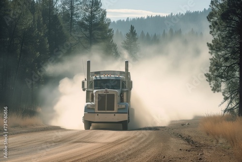 heavyload truck creating a dust cloud on a dry forest road photo