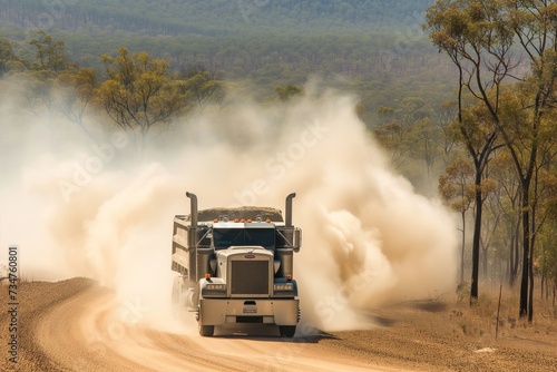 heavyload truck creating a dust cloud on a dry forest road photo