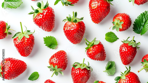 Flat lay composition with ripe strawberries on white background