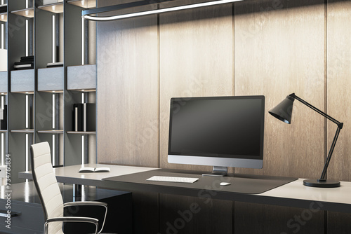 Modern home office with wooden bookcases and ambient lighting, serene workspace. 3D Rendering