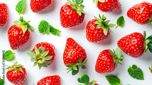 Flat lay composition with ripe strawberries on white background