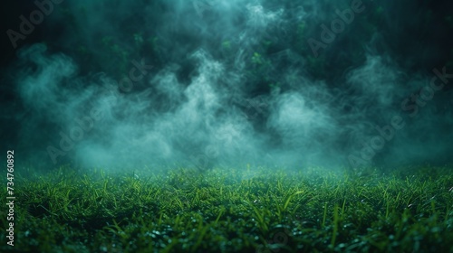 The image shows a misty scene with swirling fog above vibrant green grass in a tranquil setting