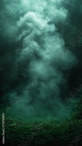 A mysterious, dense fog rising in a lush green forest, creating an ethereal, misty atmosphere
