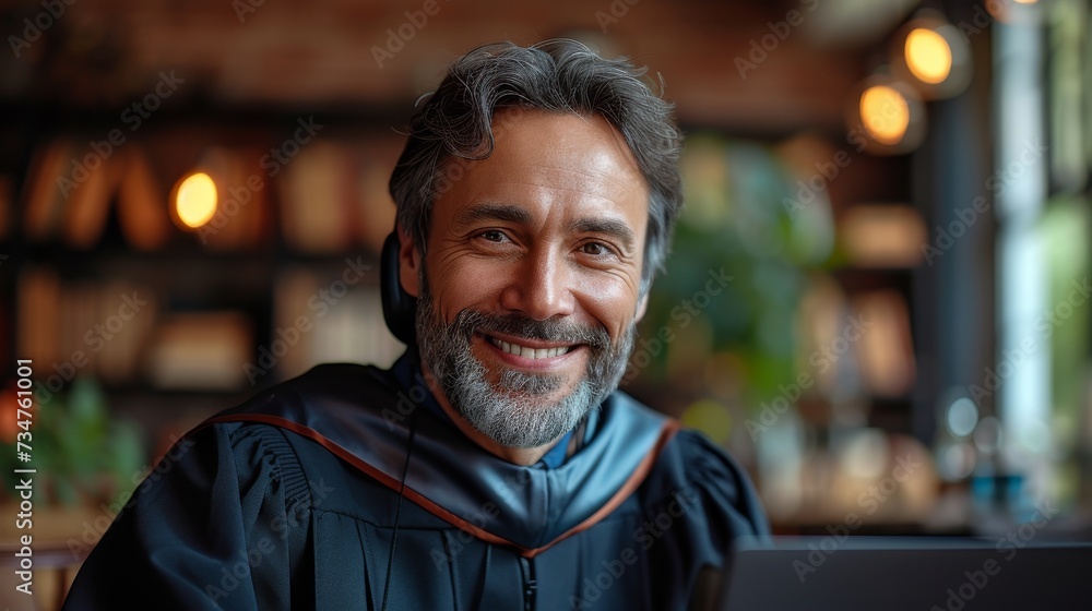 A smiling man with grey hair, in a casual jacket, seated indoors with soft lighting background A smiling man with grey hair, in a casual jacket, seated indoors with soft lighting background