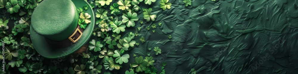 St. Patrick's Day banner concept, charm leprechaun hat amidst lucky clovers with space for text or product - obrazy, fototapety, plakaty 