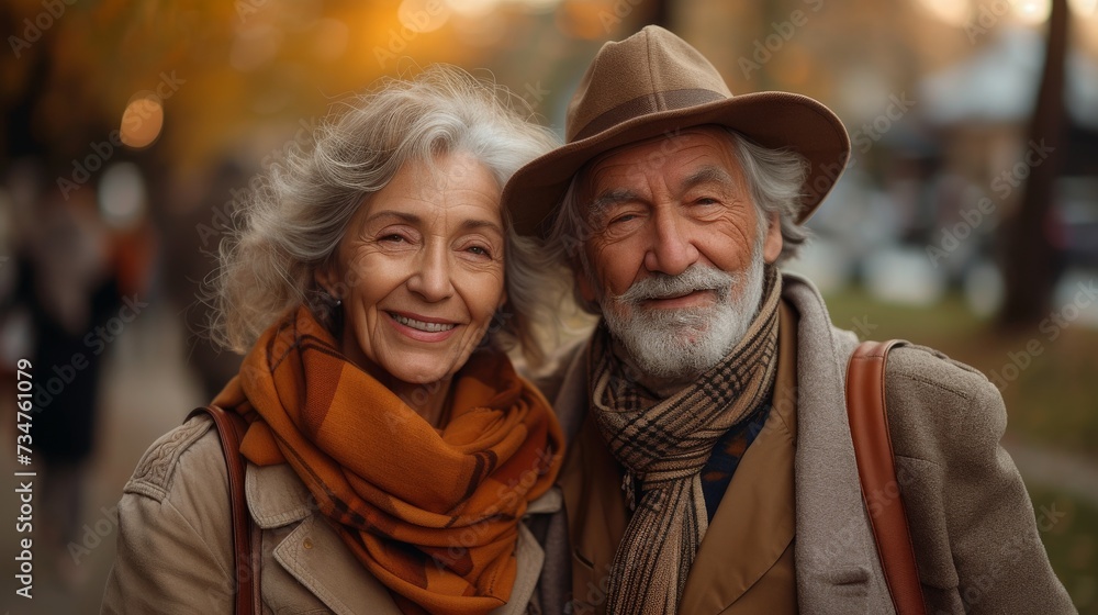 Two smiling elderly individuals, likely a couple, embrace outdoors amidst a backdrop of warm autumn colors
