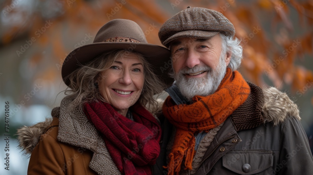 Two smiling older adults wearing hats and scarves, with autumn leaves in the background, exude warmth