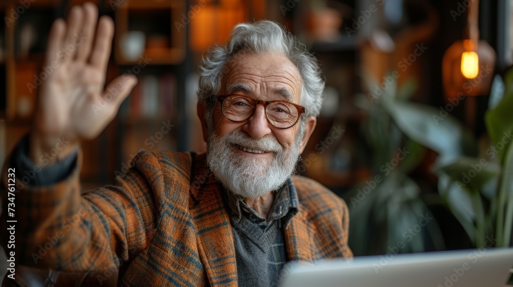 An elderly man with glasses and a beard, smiling and waving at the camera, indoors An elderly man with glasses and a beard, smiling and waving at the camera, indoors