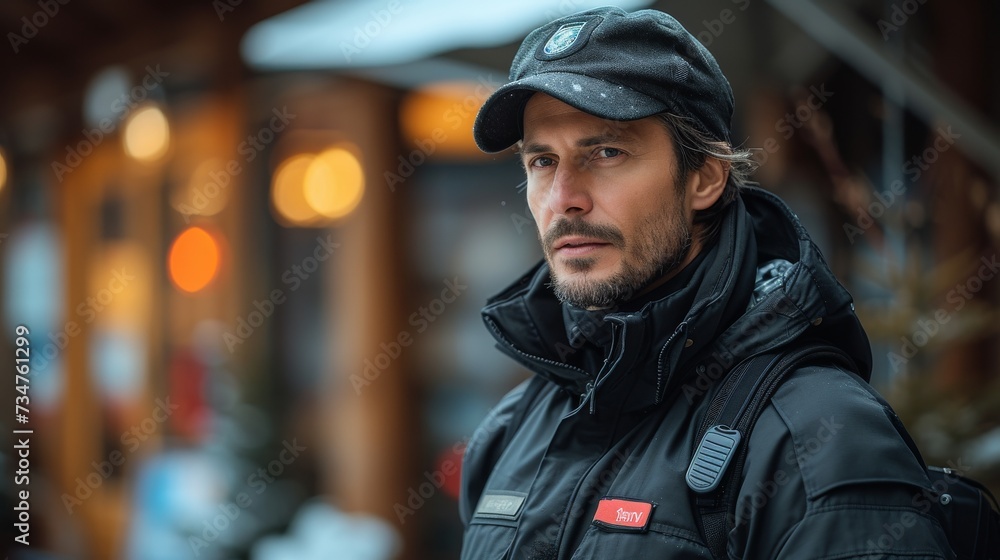 A man wearing a black cap and jacket stands outdoors, looking thoughtfully to the side A man wearing a black cap and jacket stands outdoors, looking thoughtfully to the side