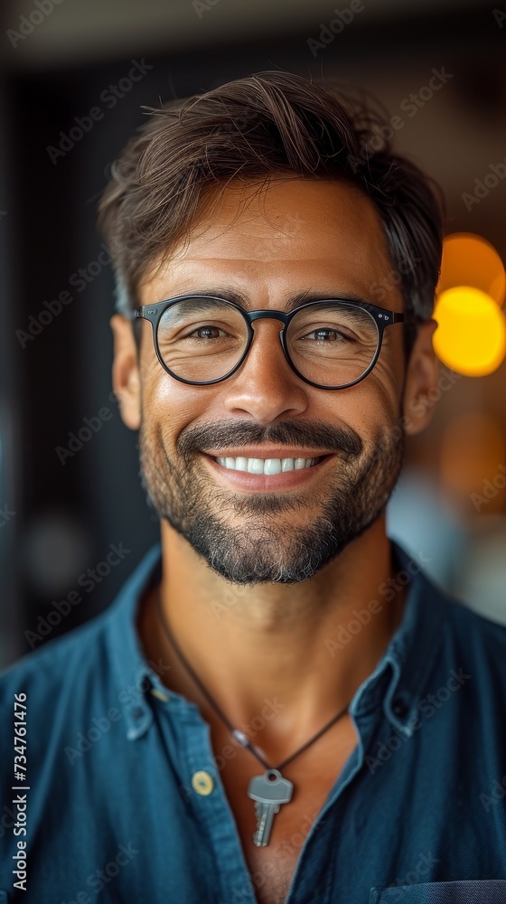 A smiling man with glasses, stubble, and a necklace stands indoors with a warm light background