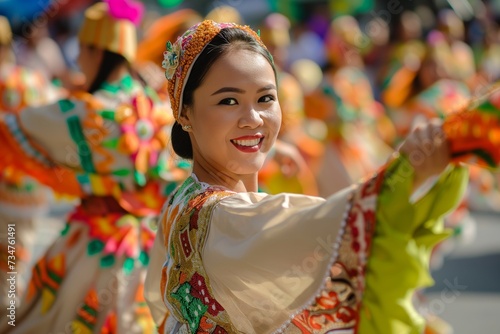 filipino woman in a terno dancing at the sinulog festival photo