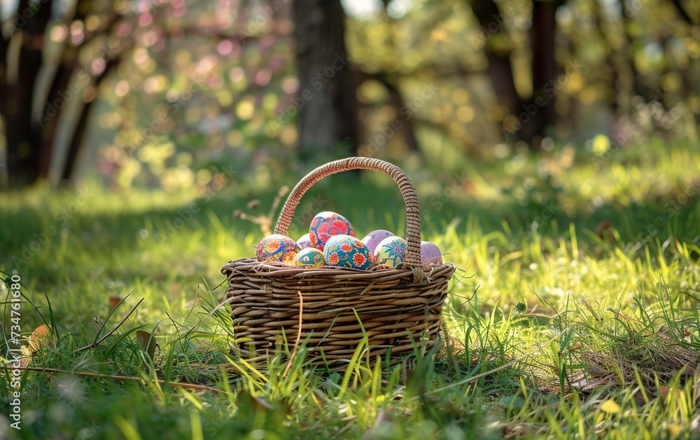 Easter - Painted Eggs In Basket On Grass Easter - Painted Eggs In Basket On Grass