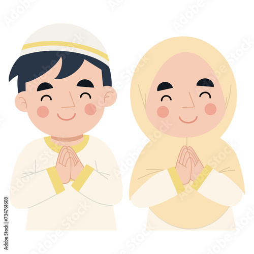 Vector illustration of Muslim boy and girl giving greetings. Eid al-Fitr concept illustration