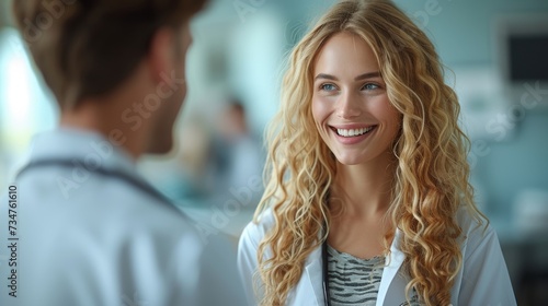 A smiling woman with curly blonde hair is engaged in a conversation with a blurry person