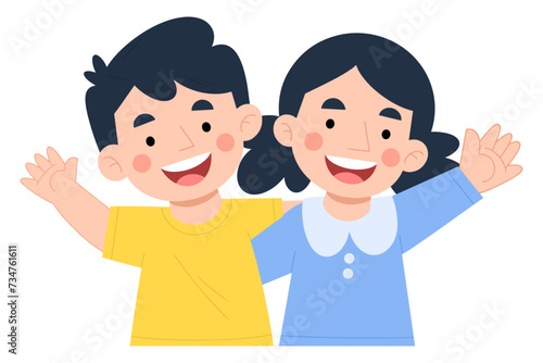 Vector illustration of boy and girl waving hands. Children's day concept illustration